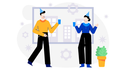 Two people in party hats celebrating with drinks, suitable for party invitations, birthday cards, celebrations, event promotions, and social media.