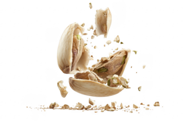 Exploding pistachio shell fragments in mid air