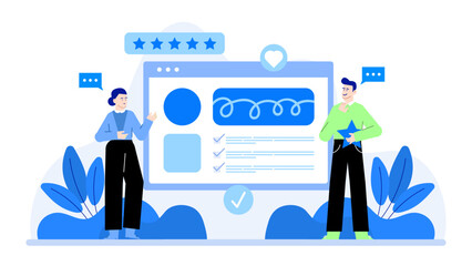 Two people giving a five star rating, perfect for illustrating customer satisfaction, feedback, online reviews, rating systems, consumer approval.