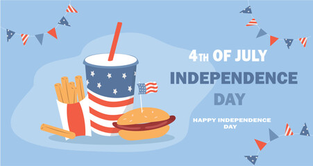 vector illustration in a flat style on the theme of us independence day. a set of items (drink, hot dog, fried potatoes) in the colors of the american flag