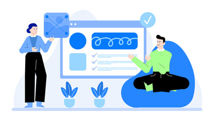 Two people presenting a website design; suitable for showcasing teamwork, web development, collaboration, business presentation concepts in digital marketing.