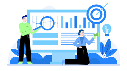 Two individuals analyzing graphs and targets on a computer screen, suitable for business presentations or financial reports for teamwork concept.