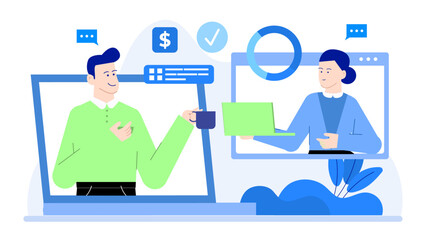 Two people on video chat with a blue laptop; perfect for technology, communication, work from home, virtual meeting concepts.