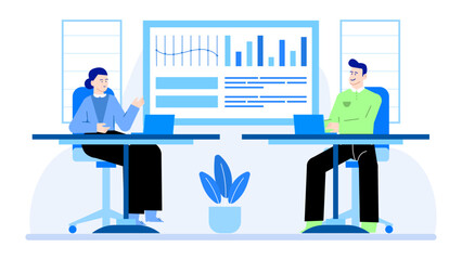 Two people at desks examining graphs, suitable for financial presentations and business analysis concepts in office settings.