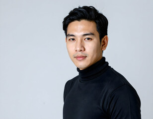 Obraz premium A young man in a black turtleneck poses confidently against a neutral backdrop, showcasing modern fashion and style