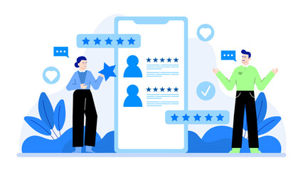 Mobile phone displaying a review and rating system, perfect for tech websites, app reviews, consumer feedback, and digital marketing concepts.