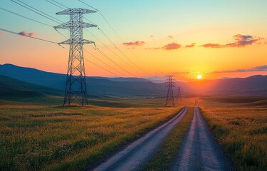 Sunrise over a rural road with power lines