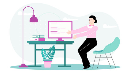 Woman working at desk with computer and plant, suitable for professional and remote work concepts in office setting.