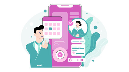 Man using phone with calendar percentage, woman beside. Suitable for technology, productivity, scheduling, teamwork, mobile apps, and business concepts.