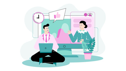 Man video calls a woman on computer, presenting virtual communication. Suitable for concepts of technology, virtual meetings, communication, work from home.