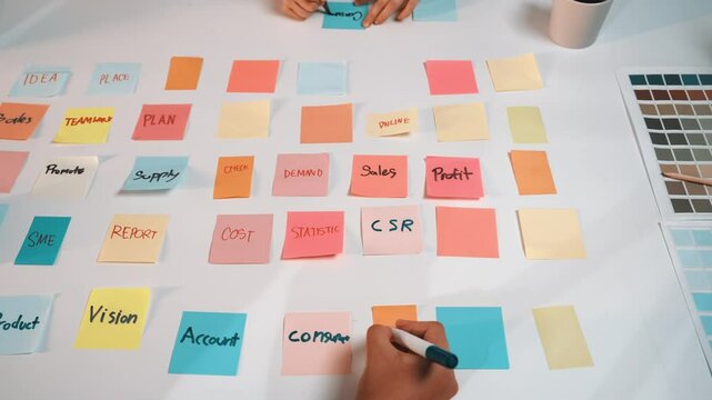 A dynamic planning session unfolds with colorful sticky notes scattered across the table, showcasing strategic ideas and collaborative teamwork for business success. SACTR