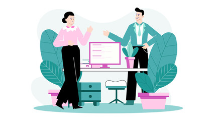 Two people engaged in conversation while surrounded by green plants, perfect for business communication or office environment concepts.