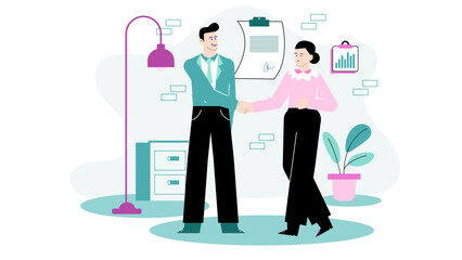 Two professionals greet each other in a contemporary workspace.