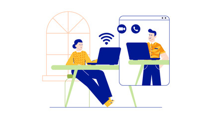 Two people having a video call on laptops, perfect for illustrating remote work, virtual meetings, technology, communication, and teamwork concepts.