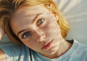 Photo of a Young Woman with Blonde Hair Freckles and Two Colored Eyes