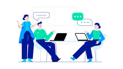 Three people focused on laptops in a discussion. Perfect for business communications, teamwork, collaboration, co-working, digital nomads, and technology concepts.