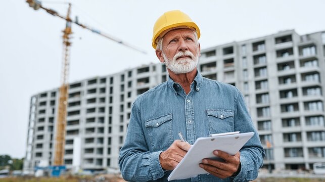 Senior construction worker with hard hat and clipboard stands near building site.