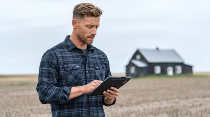 Obraz premium Man uses a tablet in a field with a house in the background.