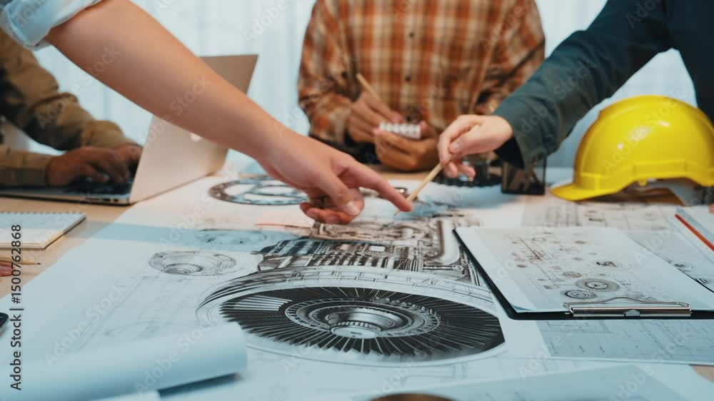 Poster in a modern office environment, a diverse team collaborates on engineering projects, analyzing techn