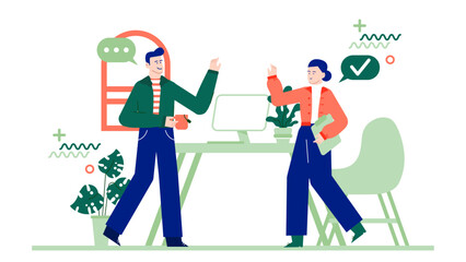 Two people discussing project at office desk, suitable for business presentations, communication concepts, teamwork illustrations, and corporate website designs.