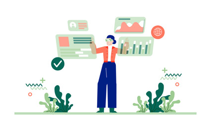 Woman in a red jacket interacts with virtual data. Suitable for technology concepts or digital transformation marketing materials. Dynamic and engaging.