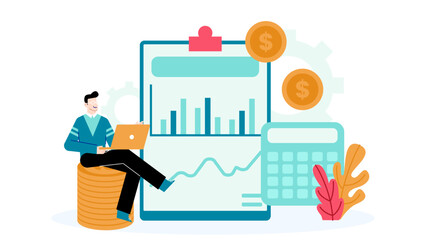 Man on stack of coins with laptop, suitable for finance, business, freelance, banking, money management, and digital nomad concepts.