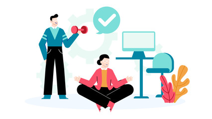 Two people exercising in an office, perfect for health and wellness promotions, workplace fitness initiatives, and active lifestyle concepts.