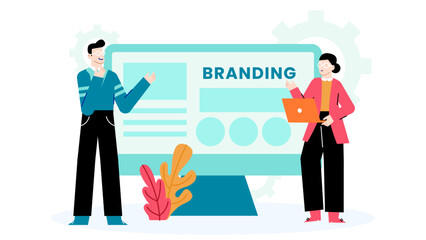 Two people discussing branding in front of a computer. Suitable for presentations, articles, blogs, or social media posts about marketing.