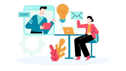 Woman with envelope speaks to client on computer. Suitable for business, communication, remote work, technology, customer service concepts.