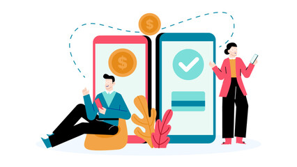 Two people transferring money via phones, suitable for illustrating mobile banking, online transactions, digital payments, phone apps, financial technology concepts.
