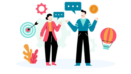 Two people conversing with target gears, coin, and hot air balloon, ideal for business, finance, teamwork, and goalsetting concepts.