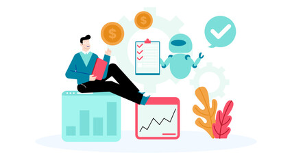 Man and a robot engaging, checking charts with a checkmark. Suitable for education, technology, AI, data analysis concepts.