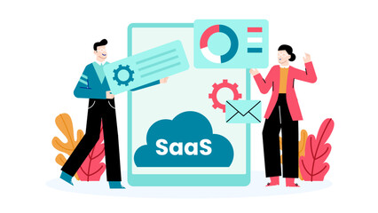 Two people with a smartphone displaying software as a service. Ideal for technology blogs, business presentations, and software development websites.