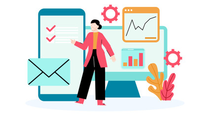 Woman showing check marked phone and computer with graph, suitable for technology, business, success, communication concepts in digital marketing materials.