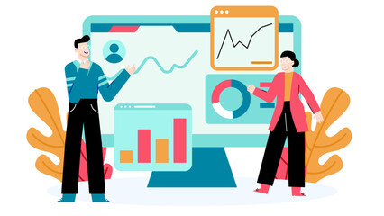 Two people discussing data charts on a computer screen. Suitable for business presentations, technology blogs, financial reports, and data analysis.