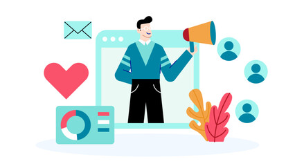 Man inside computer screen holding megaphone, great for tech promotions, communication concepts, digital marketing, and online advertising campaigns.