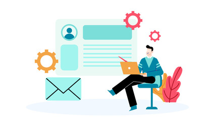 Man using a laptop and a pencil, ideal for technology blogs, online learning concepts, work from home graphics, and co-working illustrations.