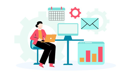 Woman working on a laptop at a desk, suitable for business, technology, remote work, office, freelance, online communication, modern workplace.