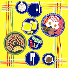 Traditional meal, breakfast, pizza, and coffee on a yellow tartan tablecloth. Vector isolated foods that you can mix and match on a plate for the new food design. Ideas for wallpaper and stickers.