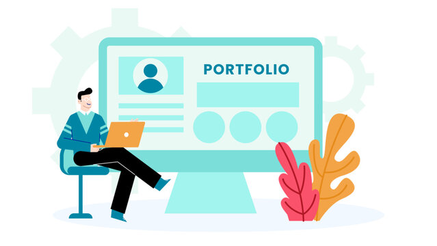 Man working on laptop in front of computer screen displaying portfolio. Suitable for finance, technology, business, investing concepts. Canva design.