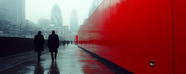 Cityscape, two men walk, foggy day, red wall