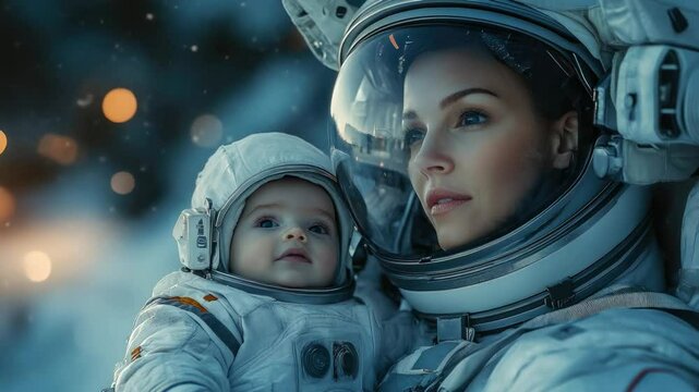mother and child in space, woman in spacesuit holding baby, mother's day, astronaut, space flight, motherhood, emancipation, women's day, kid, mom