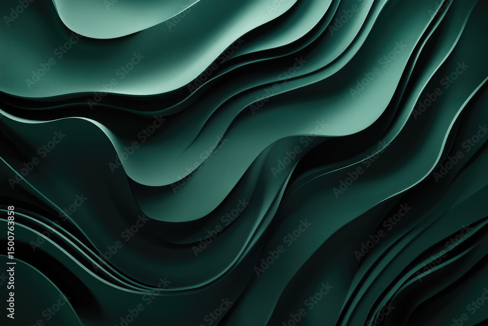 Poster abstract image of undulating, layered, dark teal forms creating a flowing, wave-like pattern with su