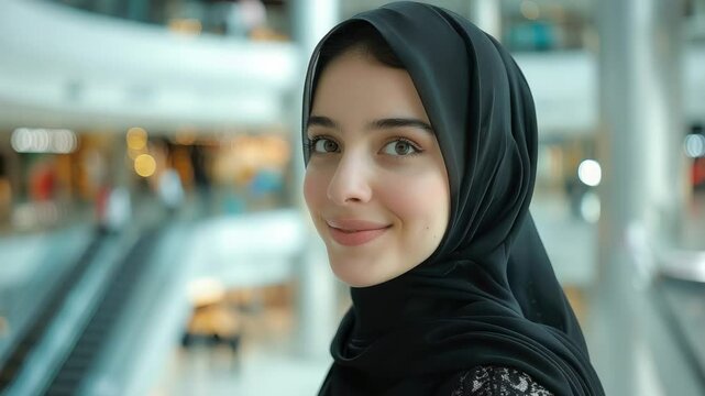 beautiful young smiling arab woman in black hijab in a shopping mall, sheila, scarf, dress, traditional clothing, oriental fashion, middle east, UAE, Dubai, muslim, islamic, religious, shop, store