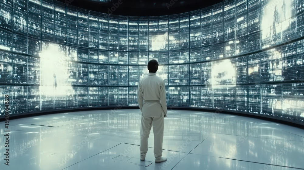 Poster man contemplating global data in futuristic center