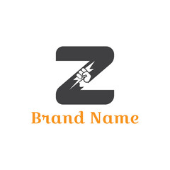 Z letter logo with bolt in clenched hand in negative space. Abstract company logo design with business technology concept vector illustration