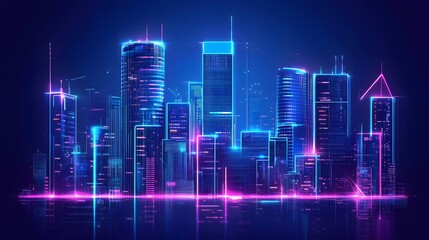 Futuristic cityscape at night, illuminated by neon lights.
