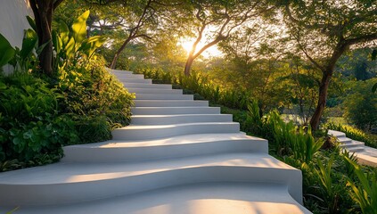 Sunlit Garden Steps with Lush Greenery.