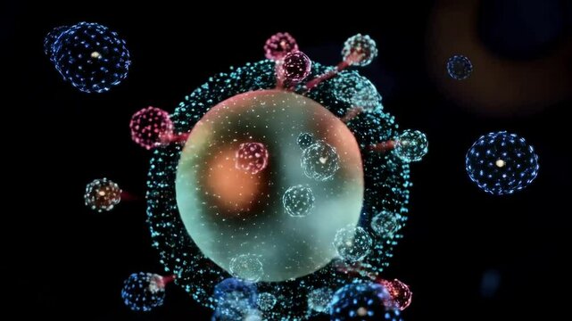 Animated 3D model of an atom showing protons, neutrons, and electrons in motion, with quantum probabilities visualized as glowing clouds.
