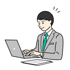 ビジネススーツを着た男性がパソコンを作業しているシンプルな上半身ベクターイラスト